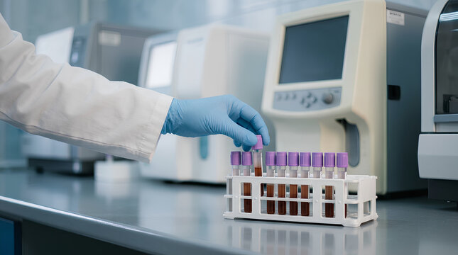 laboratory technician handling blood samples in test tubes with advanced medical equipment and computer monitors in a clinical