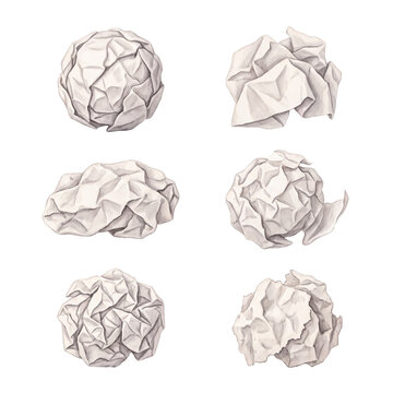 Six crumpled pieces of white paper isolated on transparent background