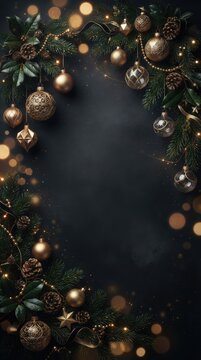 Golden christmas baubles and pine needles framing empty dark backdrop for text