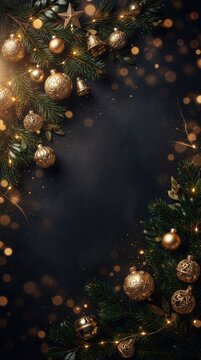 Evergreen tree branches decorated with gold spheres forming circular frame on dark with copy space