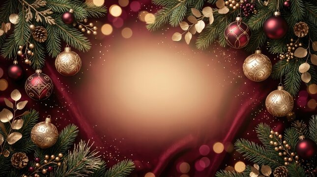 Christmas red and gold background with festive ornaments and pine branches with copy space