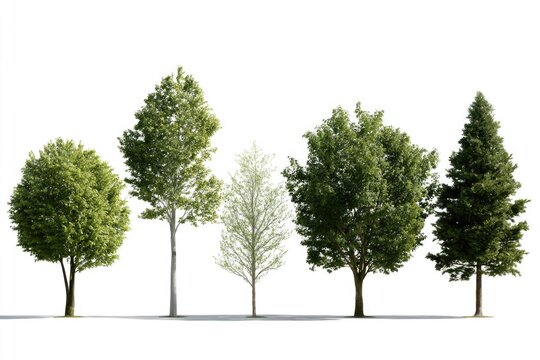 Five different types of green leafy trees are shown against a white background, highlighting their unique shapes and textures.