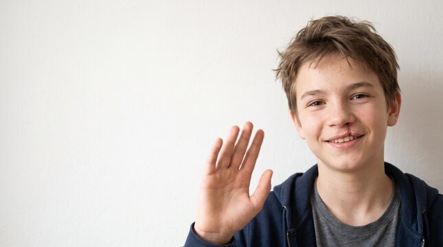 Happy Young Male Patient Displaying Congenital Cleft Lip Waving Hand for Maxillofacial Surgery Concept