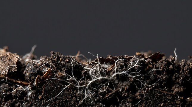 Macro view of white fungal mycelium network growing through dark organic soil