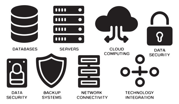 Data infrastructure flat vector icons black glyph set for cloud storage server and network security systems.