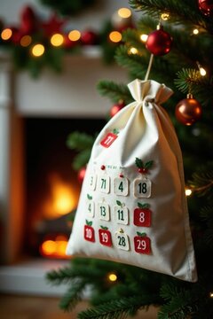 Eco bag advent calendar hangs on Christmas tree, fireplace backdrop, garland, burlap, sustainable