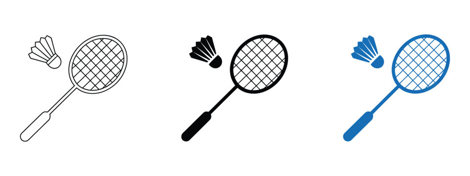 Badminton racket and shuttlecock icon set in outline and solid styles, court sport symbols, athletic equipment, racket game, clean UI vector illustration, design, concept.