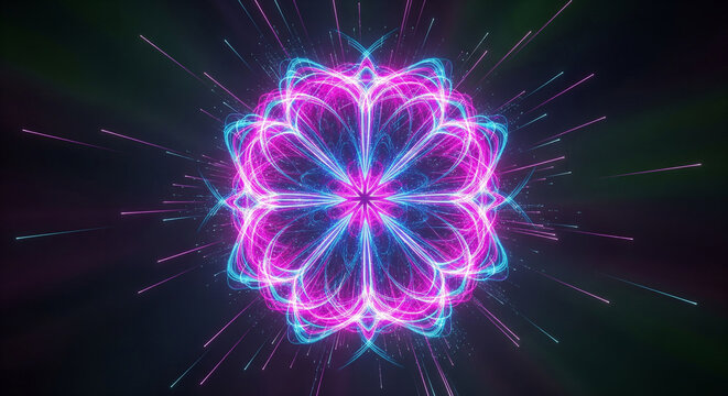 Glowing neon mandala flower exploding with vibrant pink and blue light trails