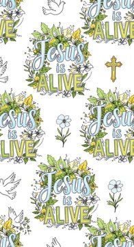 Joyful Spring Awakening: Illustrated pattern of flourishing wreaths and hopeful affirmations.