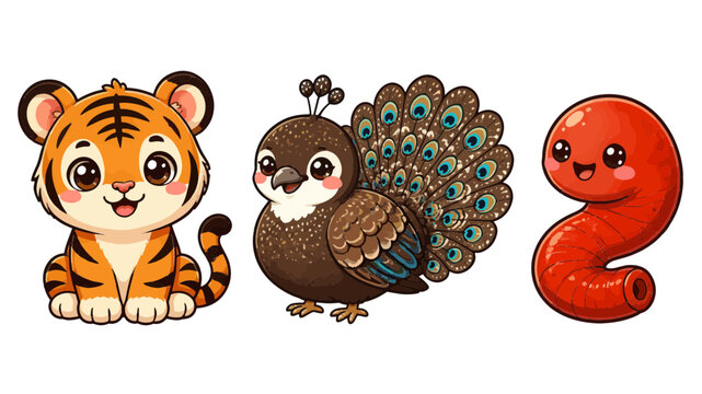 Cute Malaysian Animals Icons Set Collection with Tiger and Peacock-Pheasant
