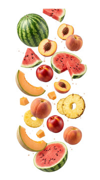 Assorted Fresh Summer Fruits Falling and Floating in the Air Isolated on a White Background, Including Watermelon, Peaches, Pineapple, and Melon Slices