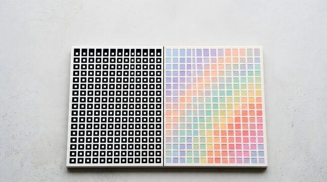 Panel contrasting binary and blended patterns symbolizing the shift from classical to quantum computing