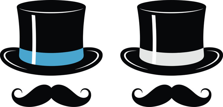 Black top hat and mustache illustrations arranged side by side, classic gentleman accessories, vintage fashion symbols, elegant monochrome silhouette, vector illustration, design, concept.