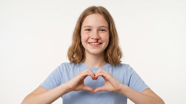 Happy Young Female Patient with Congenital Cleft Lip Making Love Hand Sign for Reconstructive Surgery Foundation on white Background