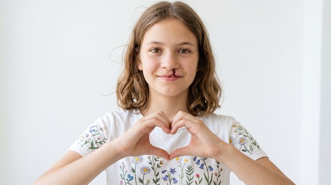 Clinical Maxillofacial Concept Showing Smiling Teen Girl with Unilateral Cleft Lip Making Heart Gesture Isolated on White