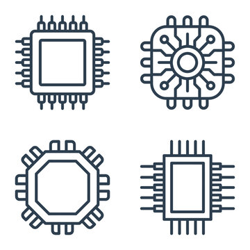Set of four different electronic microprocessor chip icons.