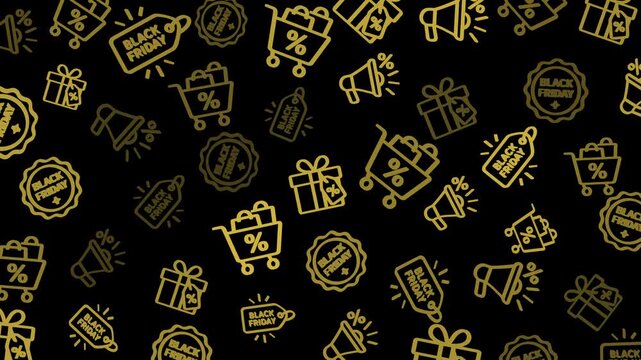Black Friday sale doodle pattern with tag, badge, shopping cart, gift box, megaphone icons. Seamless loop, gold line art on black.