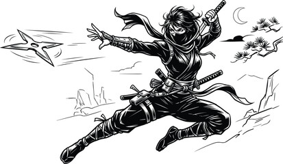 Japanese Ninja Shinobi Leaping Shuriken Throw Silhouette Vector Line Art. © Mina Begum
