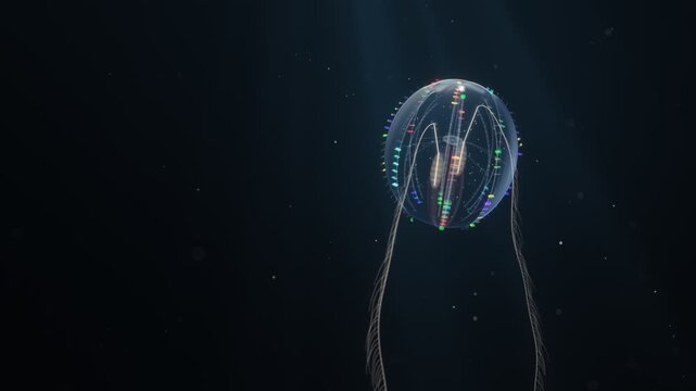 Comb Jelly Ctenophore with Rainbow Cilia Rows in Deep Sea Seamless Loop