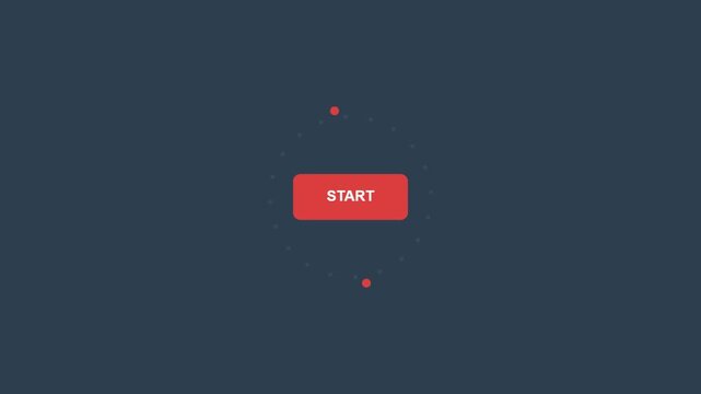 Start button animation with rotating loading dots on dark blue background motion graphics