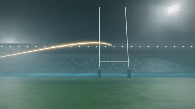 Rugby Ball Kicked Through Goalposts Under Misty Floodlights Animation