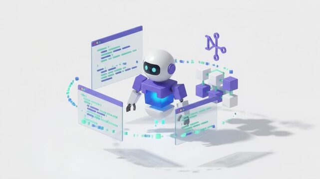 3d isometric robot chatbot loop animation with data windows