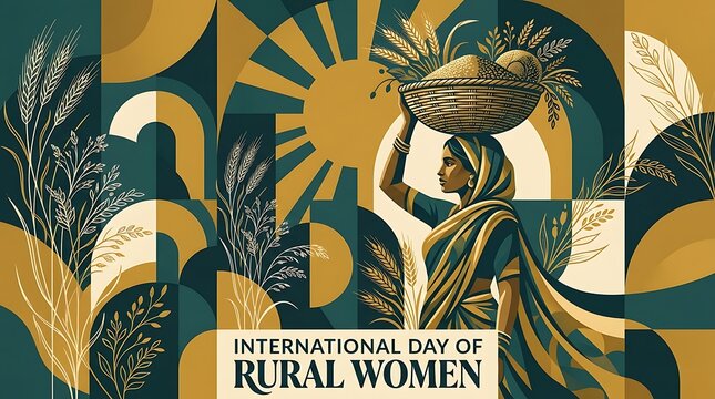 Vector poster design for International Day of Rural Women, geometric illustration of female farmer carrying harvest basket, vintage green and gold style