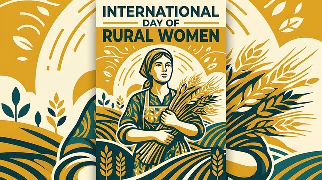 International Day of Rural Women vector poster, female farmer holding golden wheat crops, vintage illustration of woman in field with banner text, commemorative graphic for agriculture