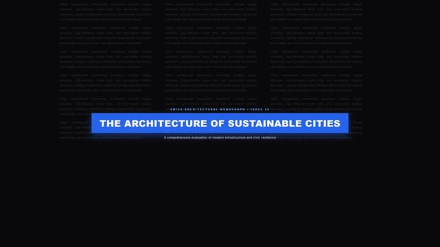 Sustainable urban architecture concept presentation showing modern city design reports and text details on dark screen