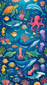 seamless pattern with fishes, sea world