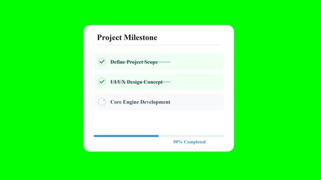 Progressing through project milestones on computer screen with completion checkmarks and progress bars for team collaboration and task management
