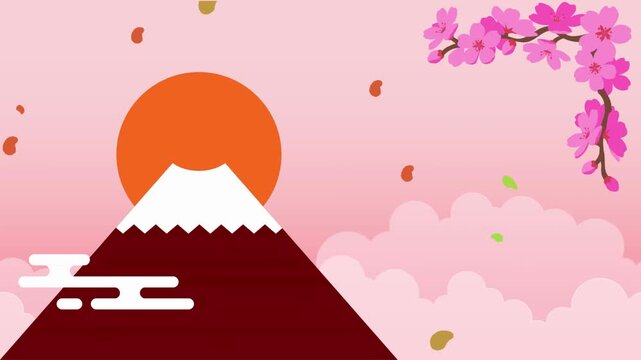 Mount Fuji Sunrise with Cherry Blossoms and Falling Petals in Japanese Landscape