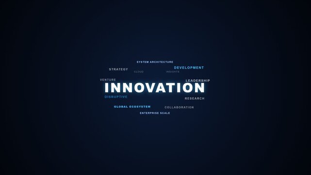 Bright glowing innovation text surrounded by smaller business strategy buzzwords against a dark blue background