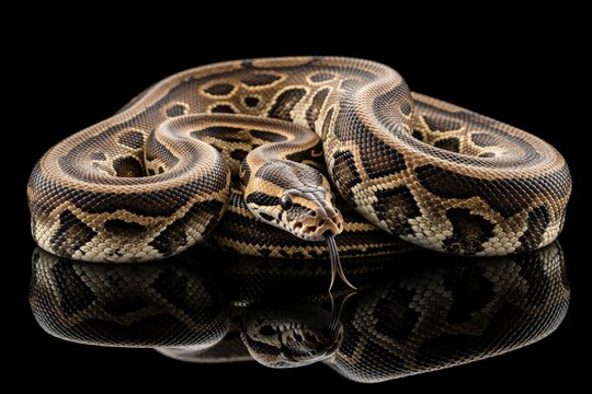 Burmese python snake with brown pattern crawls on black background. Close up view shows reptile head, tongue. Exotic nonvenomous predator looks at camera. Scaly texture, detailed skin of python