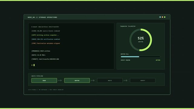 Data Transfer Monitoring Interface Showing Progress and Storage Operations in Green Terminal