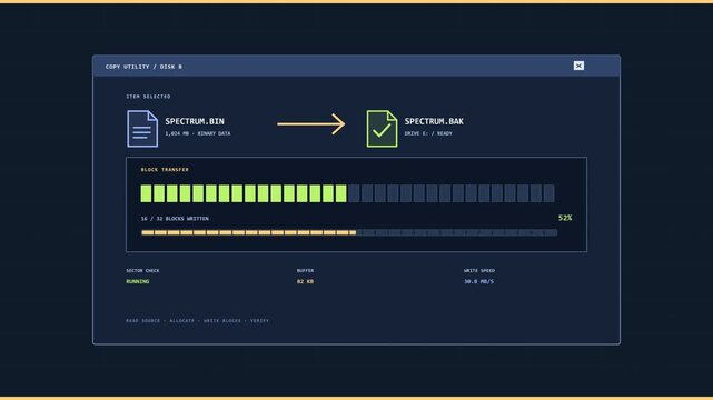 Data Transfer Progress Interface Showing File Migration Utility with Block Loading Indicator