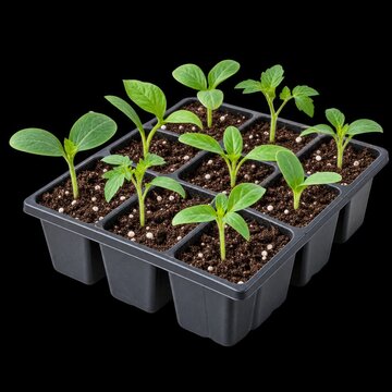 fresh green seedlings growing in a black nursery tray
