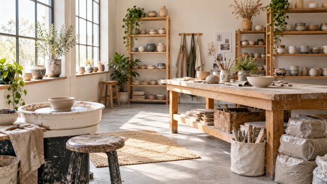 sunlit pottery studio with wooden worktables and shelves