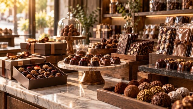 handmade chocolate display inside a sunlit artisan shop