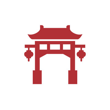 Red Chinese Torii Gate Icon with Lanterns.