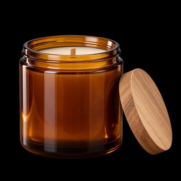 amber glass candle jar with a wooden lid