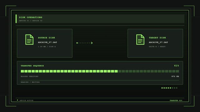 Data Transfer Interface Console with Progress Bar Loading File Archive on Retro Computer