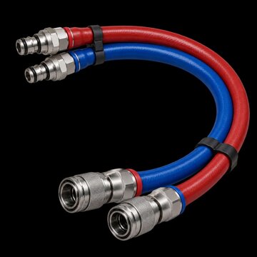red and blue cooling hoses with metal connectors
