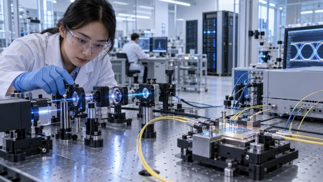 scientist inspecting precision optical equipment in a laboratory