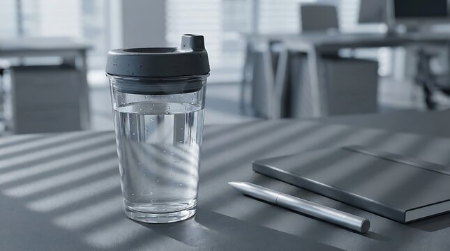 A modern spill proof container filled with fresh water placed on an office desk next to a pen and a notebook