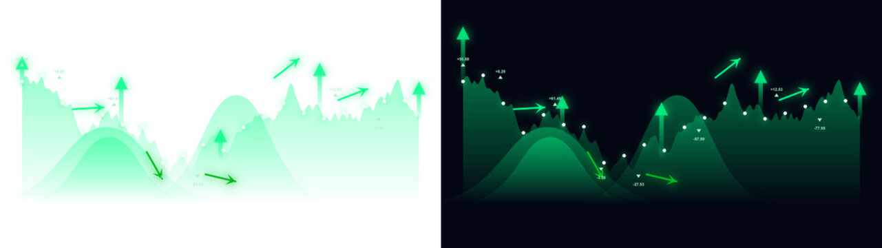 PNG image of Green financial data charts with rising arrows, glowing stock market growth graphs, neon green trading statistics visualization isolated on Transparent Background