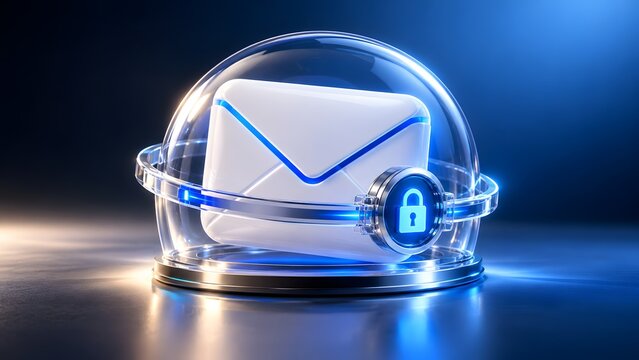 3D concept of secure email communication featuring white envelope protected inside a glass dome with digital padlock.