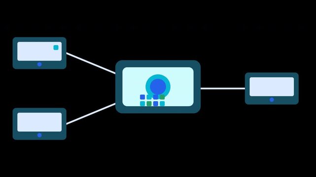 4K 2D flat vector animation depicting a cloud data synchronization hub. Connected devices upload raw data blocks to the central cloud processor where they are organized into a structured file grid and