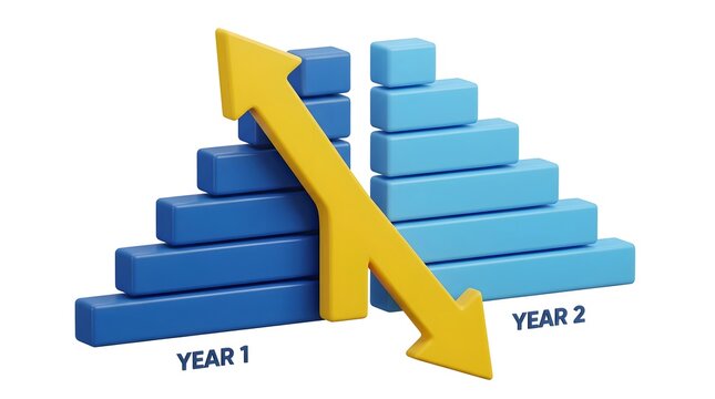 3D rendering of Year 1 and Year 2 comparative bar charts with a downward yellow arrow on a white background