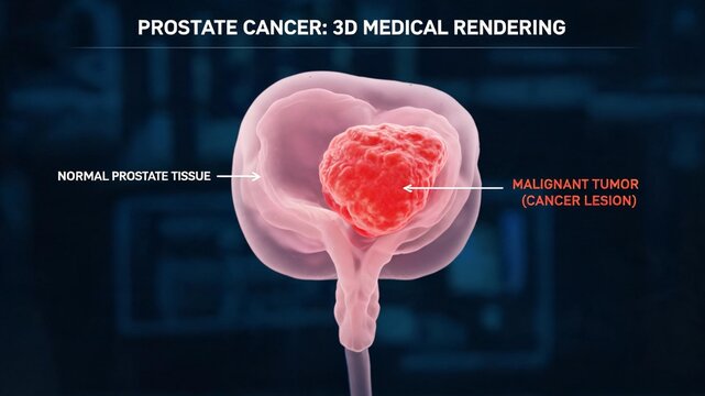 Prostate cancer 3D medical rendering, semi-transparent pink prostate gland anatomy, labelled normal prostate tissue and red malignant tumor cancer lesion, dark blurred background urology medical illus